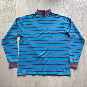 Vintage 1980s Lands End Blue Red Stripes Mock Neck Long Sleeve Rugby Tee Shirt